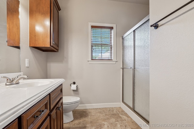 3200 Heritage Dr, Claremore, OK 74019 - bathroom featuring toilet, a shower stall, vanity, and baseboards