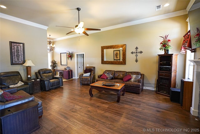 7808 E Broadway St, Broken Arrow, OK 74014 - living room featuring wood-type flooring, ceiling fan, crown molding, recessed lighting, and a chandelier