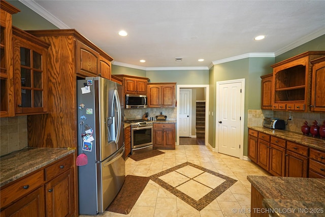 7808 E Broadway St, Broken Arrow, OK 74014 - kitchen featuring stainless steel appliances, decorative backsplash, recessed lighting, glass insert cabinets, and dark stone counters