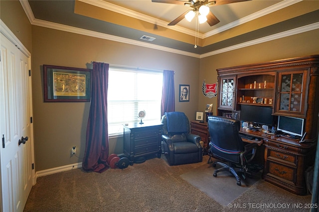 7808 E Broadway St, Broken Arrow, OK 74014 - carpeted office featuring a tray ceiling, ceiling fan, crown molding, and baseboards
