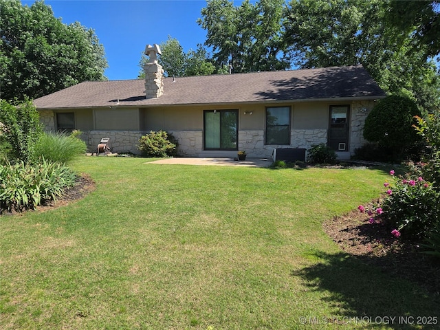 20941 E 102nd St S, Broken Arrow, OK 74014 - ranch-style house featuring stone siding, a chimney, a front lawn, and a patio