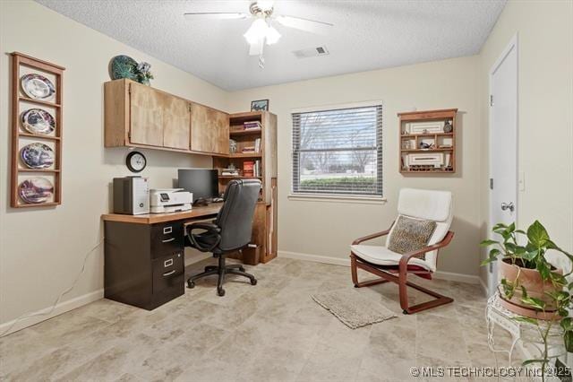 20941 E 102nd St S, Broken Arrow, OK 74014 - office space with a ceiling fan, a textured ceiling, and baseboards