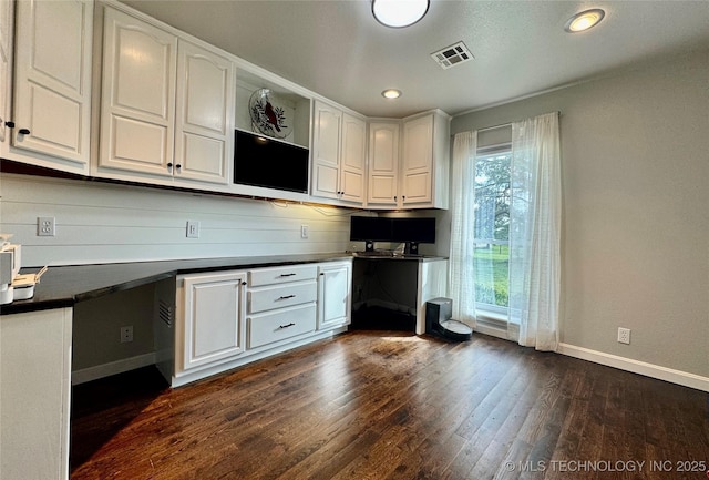 74232 S 320th Rd, Wagoner, OK 74467 - kitchen with white cabinetry, baseboards, dark wood-type flooring, dark countertops, and open shelves