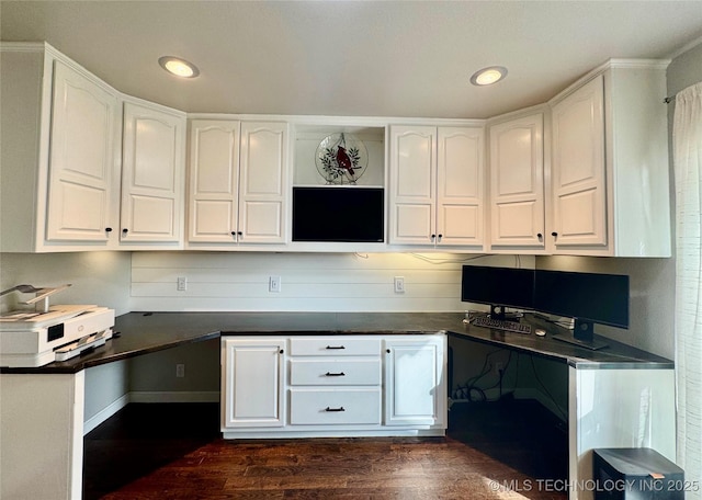 74232 S 320th Rd, Wagoner, OK 74467 - kitchen with open shelves, white cabinetry, dark wood finished floors, recessed lighting, and dark countertops