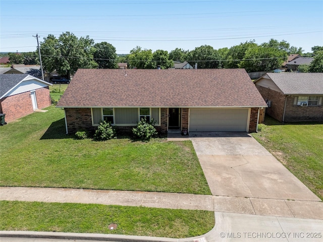 single story home with an attached garage, brick siding, and a front yard