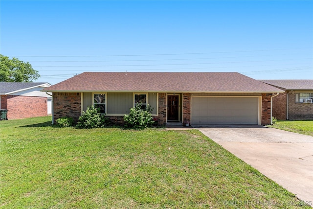 ranch-style home with an attached garage, concrete driveway, a front yard, and brick siding