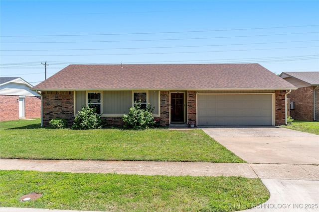 single story home with a garage, brick siding, driveway, and a front lawn