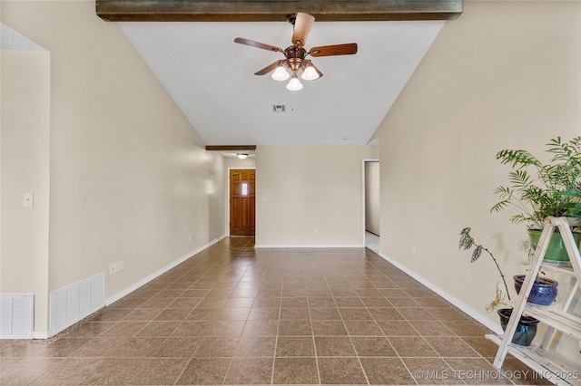 unfurnished living room with a ceiling fan, tile patterned flooring, baseboards, and high vaulted ceiling