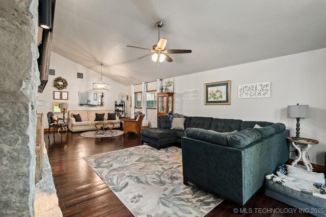 1300 S Mississippi, Ada, OK 74820 - living room featuring ceiling fan, hardwood / wood-style floors, and vaulted ceiling