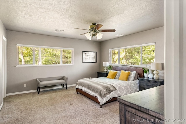 1300 S Mississippi, Ada, OK 74820 - carpeted bedroom with multiple windows, a textured ceiling, baseboards, and a ceiling fan