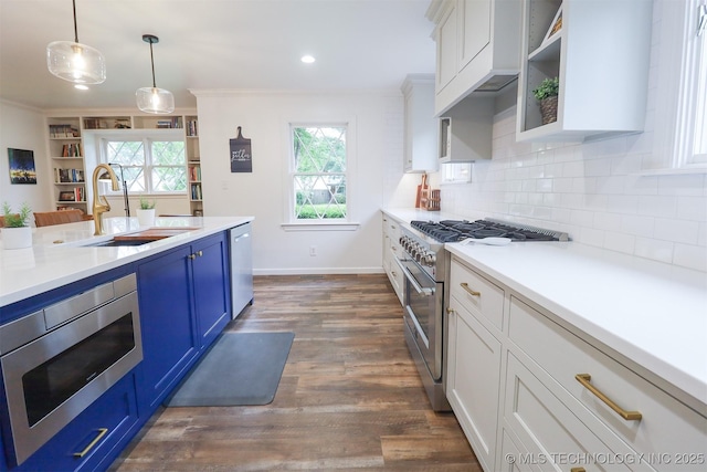 5529 S New Haven Ave, Tulsa, OK 74135 - kitchen featuring a sink, appliances with stainless steel finishes, blue cabinetry, decorative backsplash, and dark wood-style floors