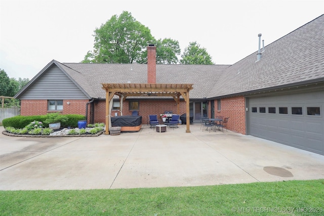 5529 S New Haven Ave, Tulsa, OK 74135 - view of front of house with brick siding, a pergola, a chimney, a patio, and roof with shingles