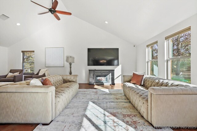 15209 S 89th W Ave, Sapulpa, OK 74066 - living area featuring a ceiling fan, high vaulted ceiling, recessed lighting, and wood finished floors