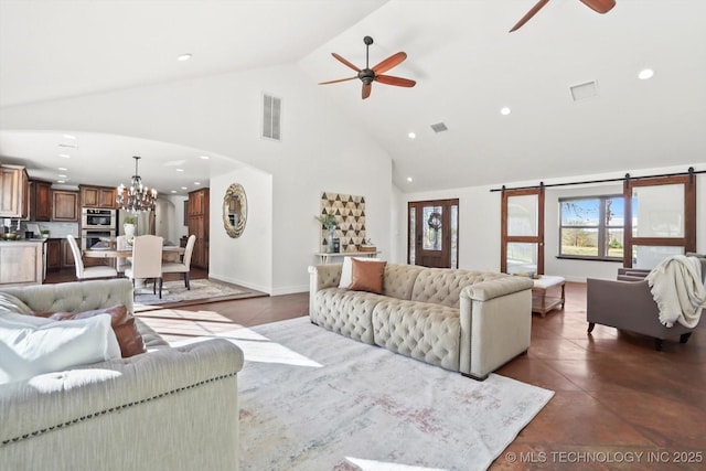 15209 S 89th W Ave, Sapulpa, OK 74066 - living room with ceiling fan, recessed lighting, high vaulted ceiling, a chandelier, and arched walkways
