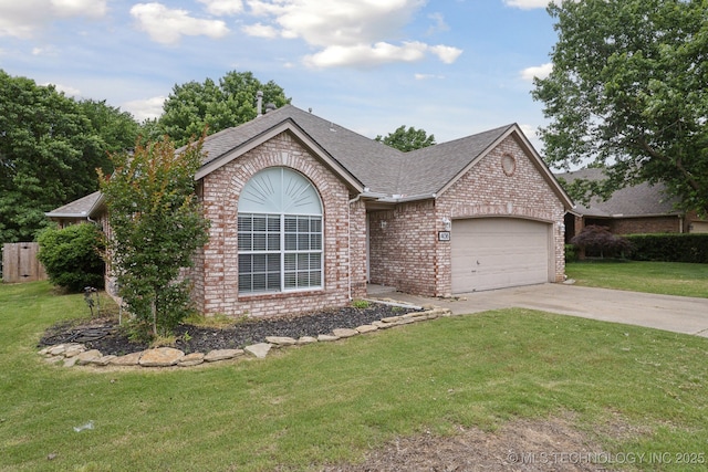 408 S Tamarack Ave, Broken Arrow, OK 74012 - ranch-style house with a garage, concrete driveway, brick siding, a front yard, and roof with shingles