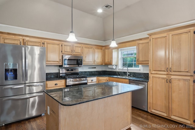 408 S Tamarack Ave, Broken Arrow, OK 74012 - kitchen with stainless steel appliances, light brown cabinets, high vaulted ceiling, dark wood-style flooring, and a center island