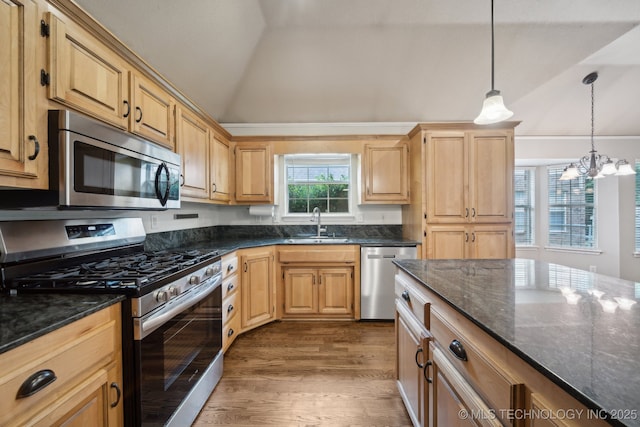 408 S Tamarack Ave, Broken Arrow, OK 74012 - kitchen with stainless steel appliances, lofted ceiling, wood finished floors, light brown cabinetry, and a chandelier