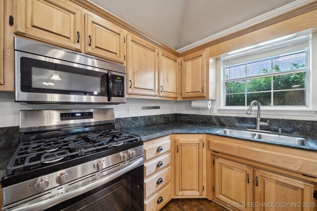408 S Tamarack Ave, Broken Arrow, OK 74012 - kitchen with stainless steel appliances, dark stone countertops, dark wood-style flooring, and light brown cabinetry