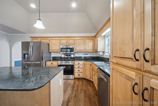 408 S Tamarack Ave, Broken Arrow, OK 74012 - kitchen featuring stainless steel appliances, dark wood-style flooring, vaulted ceiling, light brown cabinetry, and decorative light fixtures