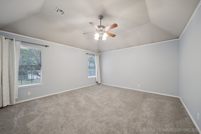408 S Tamarack Ave, Broken Arrow, OK 74012 - carpeted empty room featuring healthy amount of natural light, ceiling fan, lofted ceiling, and crown molding