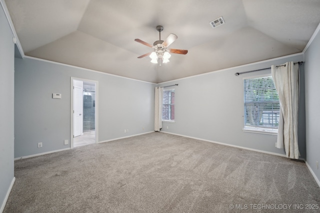 408 S Tamarack Ave, Broken Arrow, OK 74012 - carpeted empty room featuring healthy amount of natural light, a ceiling fan, vaulted ceiling, and ornamental molding