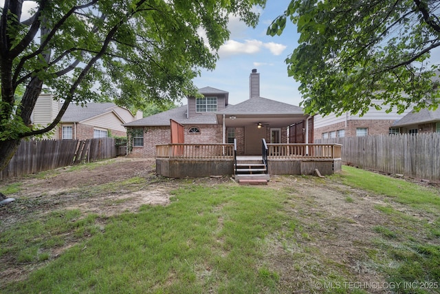 408 S Tamarack Ave, Broken Arrow, OK 74012 - back of house featuring ceiling fan, a chimney, a fenced backyard, and a wooden deck