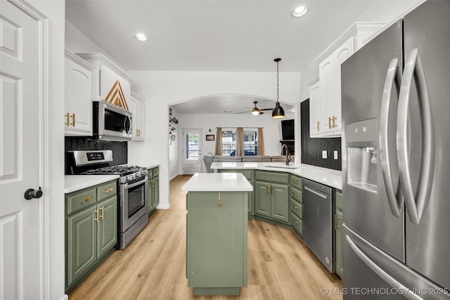 2405 S 13th St, Broken Arrow, OK 74012 - kitchen featuring appliances with stainless steel finishes, green cabinetry, white cabinetry, ceiling fan, and recessed lighting