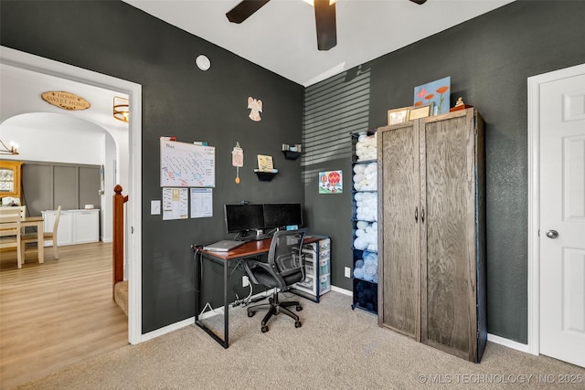 2405 S 13th St, Broken Arrow, OK 74012 - carpeted office space with a ceiling fan, arched walkways, a chandelier, and baseboards