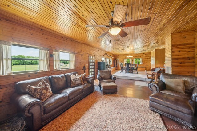 36105 S 4202nd Rd, Inola, OK 74036 - living area with ceiling fan, wooden walls, concrete flooring, and wood ceiling
