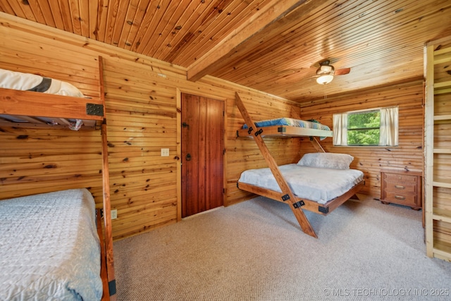 36105 S 4202nd Rd, Inola, OK 74036 - bedroom featuring wood ceiling, wood walls, and carpet flooring
