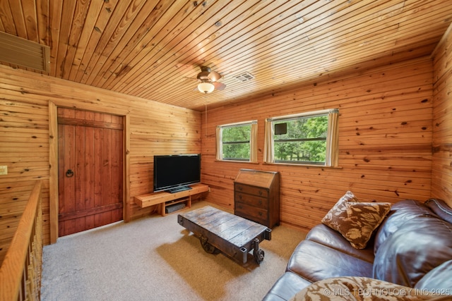 36105 S 4202nd Rd, Inola, OK 74036 - living area with carpet flooring, wood ceiling, and wooden walls