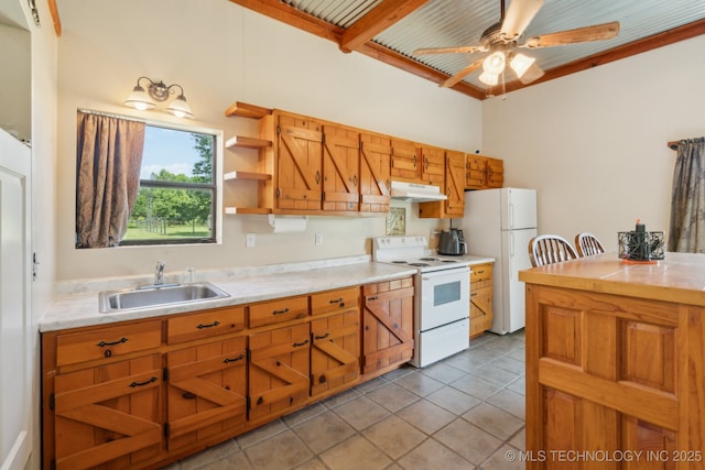 36105 S 4202nd Rd, Inola, OK 74036 - kitchen featuring white appliances, under cabinet range hood, a sink, light countertops, and a ceiling fan