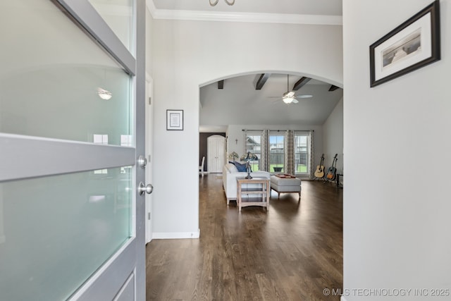 23012 E 104th St S, Broken Arrow, OK 74014 - foyer entrance featuring arched walkways, a ceiling fan, wood finished floors, ornamental molding, and a towering ceiling