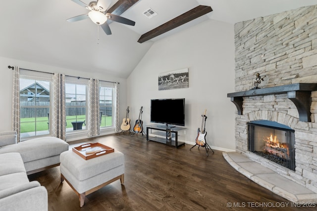 23012 E 104th St S, Broken Arrow, OK 74014 - living room with ceiling fan, a fireplace, wood finished floors, high vaulted ceiling, and baseboards