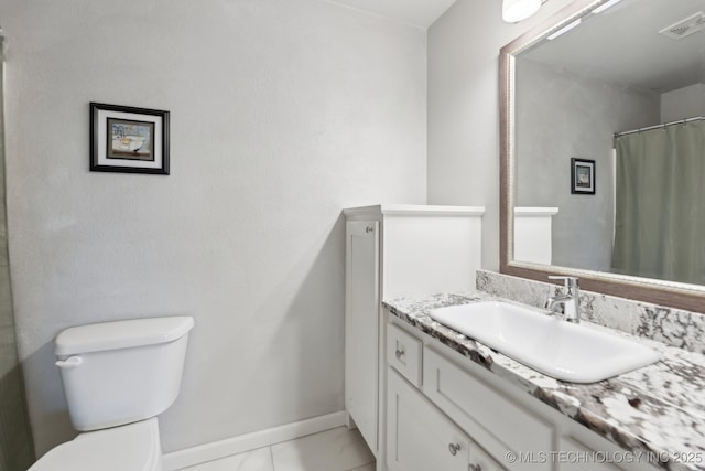 23012 E 104th St S, Broken Arrow, OK 74014 - bathroom featuring vanity, toilet, baseboards, marble finish floors, and curtained shower