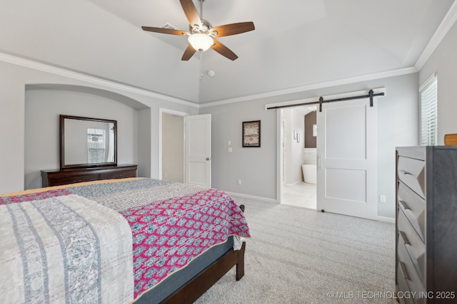 23012 E 104th St S, Broken Arrow, OK 74014 - carpeted bedroom featuring lofted ceiling, a barn door, crown molding, baseboards, and ensuite bathroom