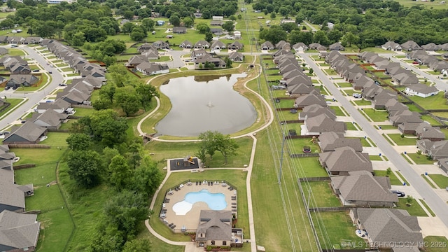 23012 E 104th St S, Broken Arrow, OK 74014 - aerial overview of property's location with nearby suburban area, a pool area, and a nearby body of water