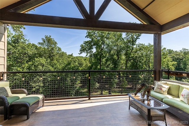 11802 Hickory Ln, Claremore, OK 74017 - wooden terrace with outdoor lounge area
