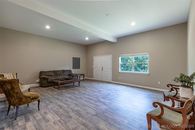 11802 Hickory Ln, Claremore, OK 74017 - living area with electric panel, wood finished floors, recessed lighting, and beamed ceiling