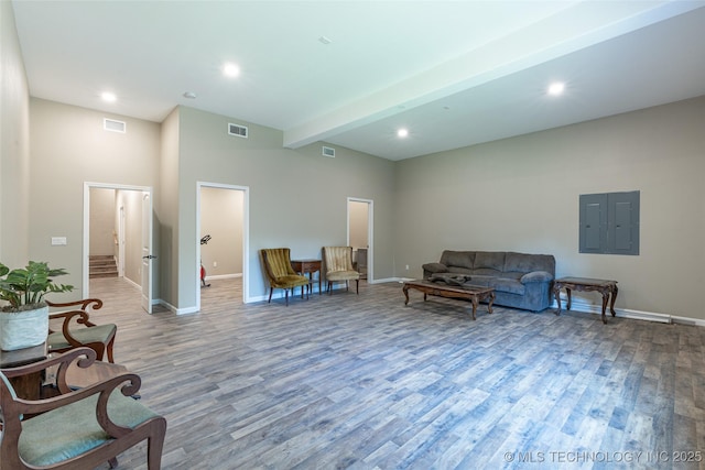 11802 Hickory Ln, Claremore, OK 74017 - living room featuring wood finished floors, recessed lighting, electric panel, and beamed ceiling