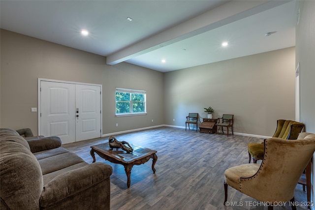 11802 Hickory Ln, Claremore, OK 74017 - living room featuring wood finished floors, beamed ceiling, and recessed lighting