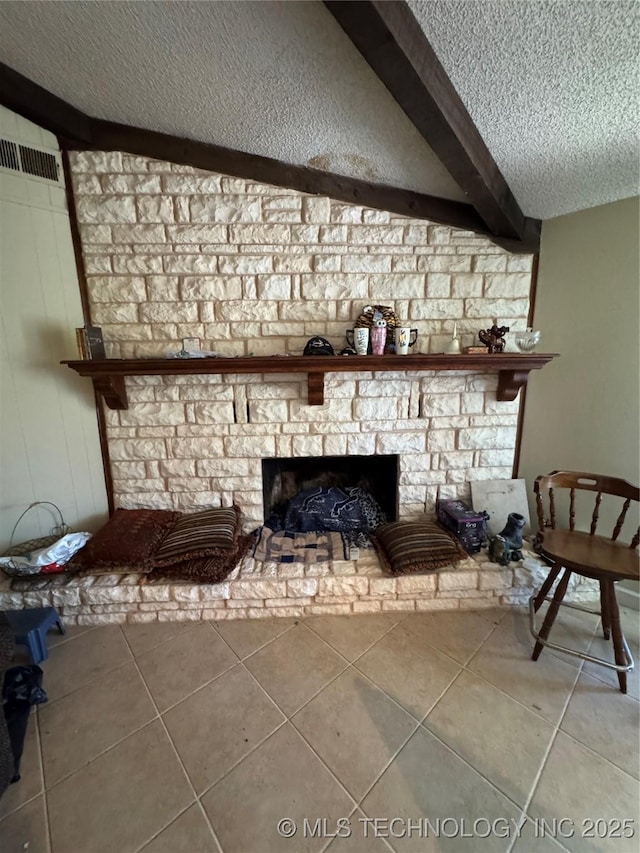 50 Fairway, Burneyville, OK 73430 - detailed view of a textured ceiling, beam ceiling, and a fireplace