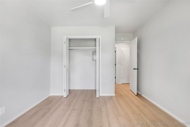 1602 N Hickory Ave, Broken Arrow, OK 74012 - unfurnished bedroom with light wood-style flooring, a closet, baseboards, and ceiling fan