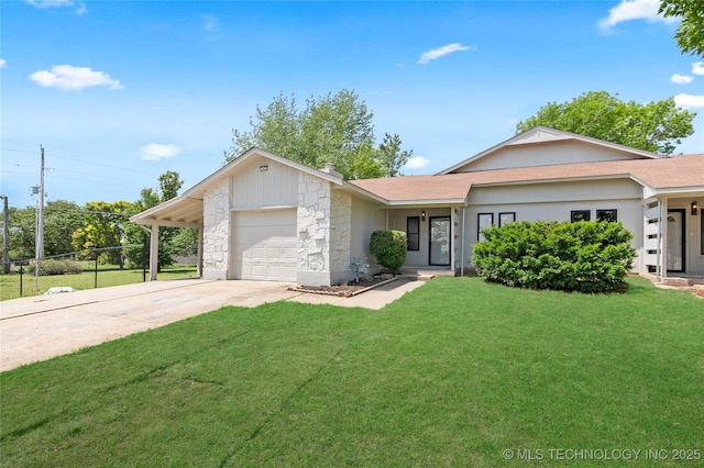 1602 N Hickory Ave, Broken Arrow, OK 74012 - ranch-style house with concrete driveway, stone siding, an attached garage, a carport, and roof with shingles