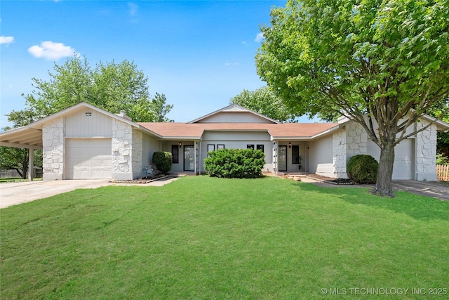 1602 N Hickory Ave, Broken Arrow, OK 74012 - ranch-style home featuring stone siding, a front lawn, and a garage