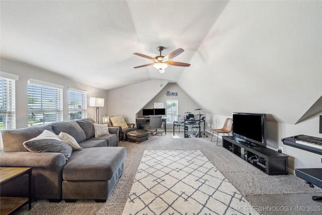18409 E 50th Pl S, Tulsa, OK 74134 - living room with carpet flooring, vaulted ceiling, and ceiling fan