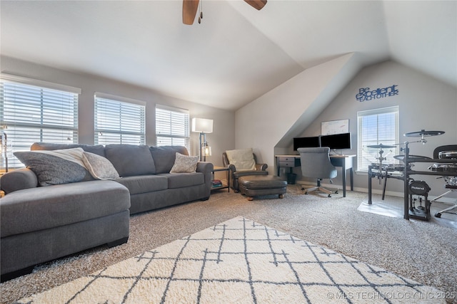 18409 E 50th Pl S, Tulsa, OK 74134 - living area with carpet floors, healthy amount of natural light, lofted ceiling, ceiling fan, and baseboards