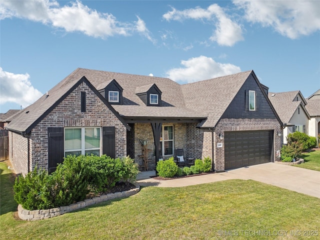 18409 E 50th Pl S, Tulsa, OK 74134 - view of front facade featuring brick siding, a front yard, driveway, and a garage