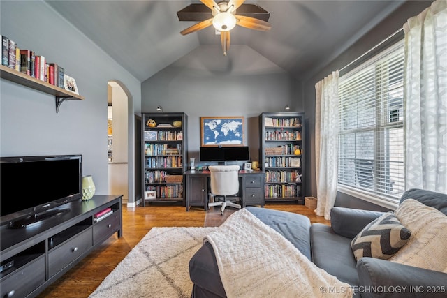 18409 E 50th Pl S, Tulsa, OK 74134 - office area with ceiling fan, vaulted ceiling, arched walkways, wood finished floors, and baseboards