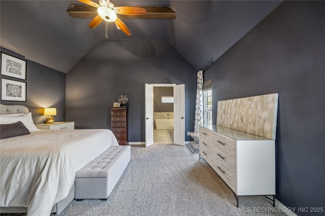 18409 E 50th Pl S, Tulsa, OK 74134 - bedroom featuring light colored carpet, lofted ceiling, baseboards, connected bathroom, and a ceiling fan